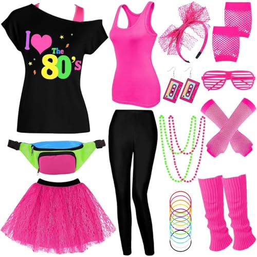 80s Outfit Women Costume Accessories Set, T-Shirt Tank Top Leggings Tutu Skirt Fanny Pack Headband Fishnet Gloves Legwarmers for 80s Parties, Halloween (D-L)