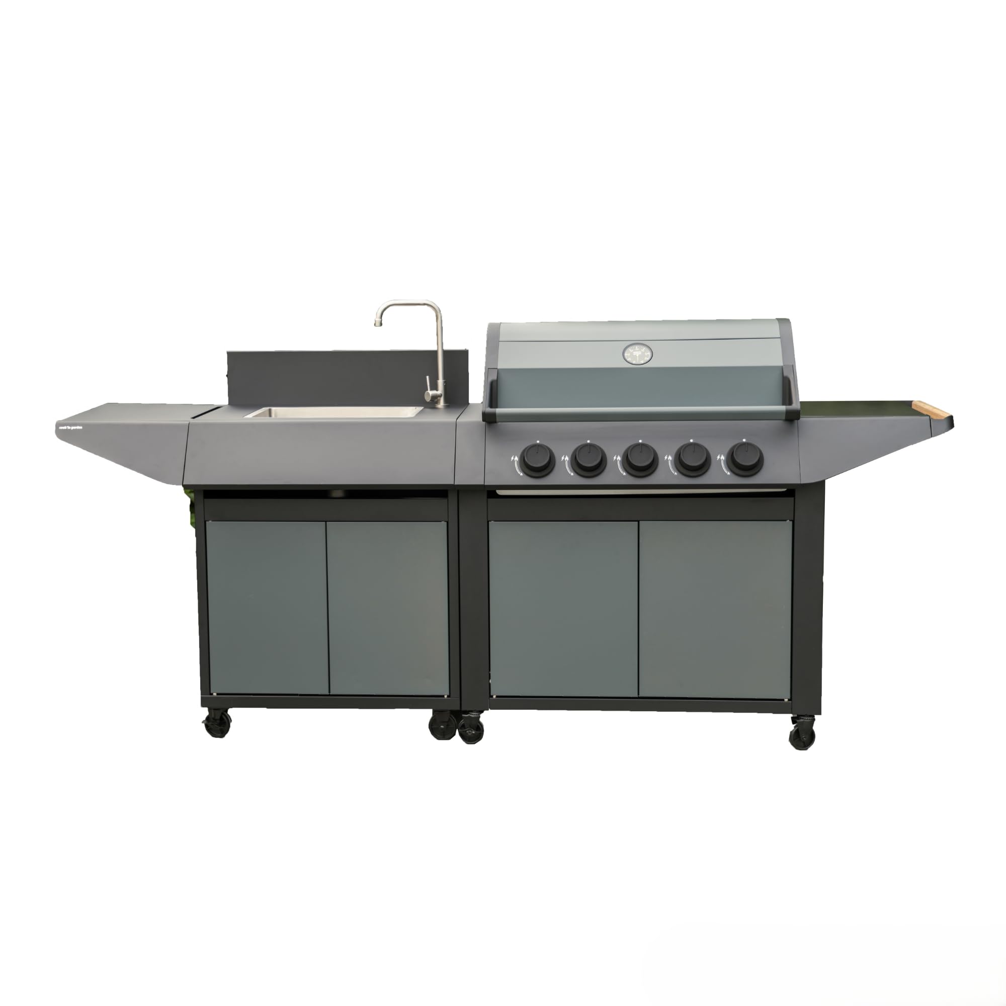 Cook'in Garden - Cocina exterior de gas BURN, barbacoa con fregadero integrado, 5 quemadores de acero inoxidable, grifo con salida de agua, funciona con butano o propano