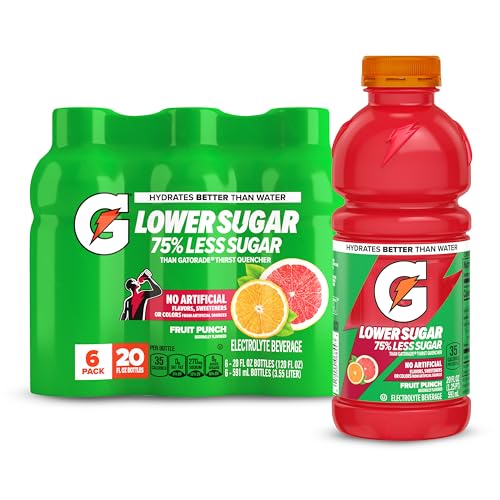 Gatorade Lower Sugar Electrolyte Sports Drink, Fruit Punch, 20 fl oz Bottles, (6 Pack), 75% Less Sugar, No Artificial Flavors, No Artificial Sweeteners, No Artificial Colors, Hydration