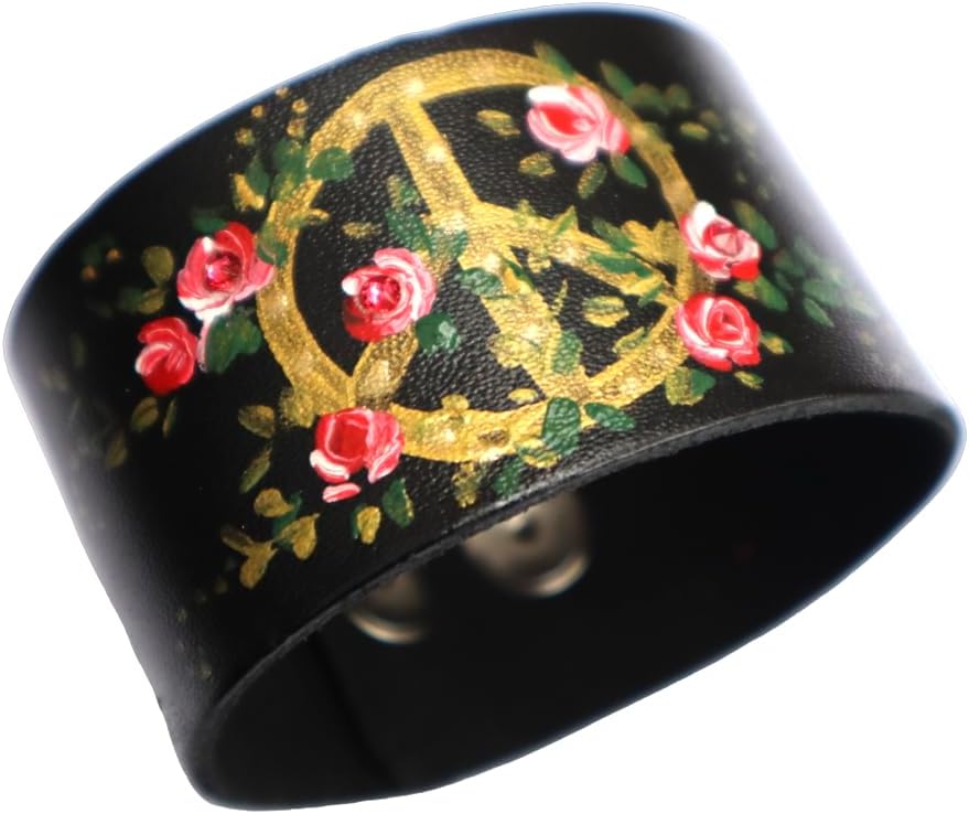 Boho Adjustable Wide Black Leather Cuff Bracelet Artist Hand Painted Gold Peace Sign and Pink Roses Bohemian Jewelry for Women Teen Girls