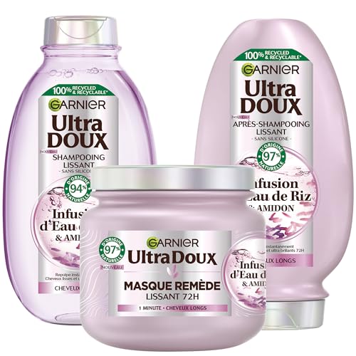Garnier Ultra Doux - Coffret Routine Lissante Douceur & Brillance - À l’Infusion d’Eau de Riz - Pour les Cheveux Rebelles et Indisciplinés - Shampooing, Après-Shampooing & Masque