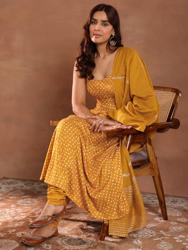 Image of Libas Mustard Bandhani Printed Anarkali Padded Kurta and Solid Churidar with Woven Design Dupatta | Ethnic wear | Bridal Suit | Occasion wear