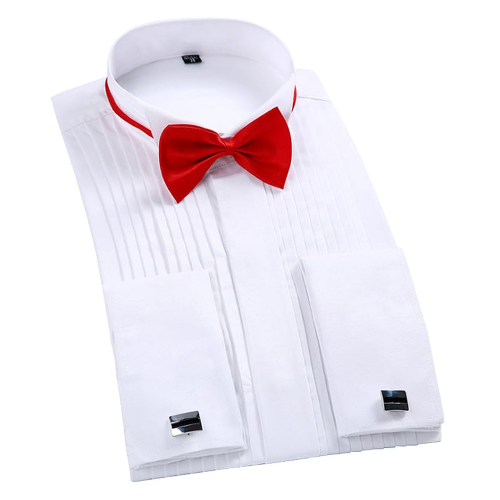 keusyoi Camicia da Smoking da Uomo A Maniche Lunghe da Uomo con Polsini alla Francese, Camicie da Sposa con Papillon Rosso Nero
