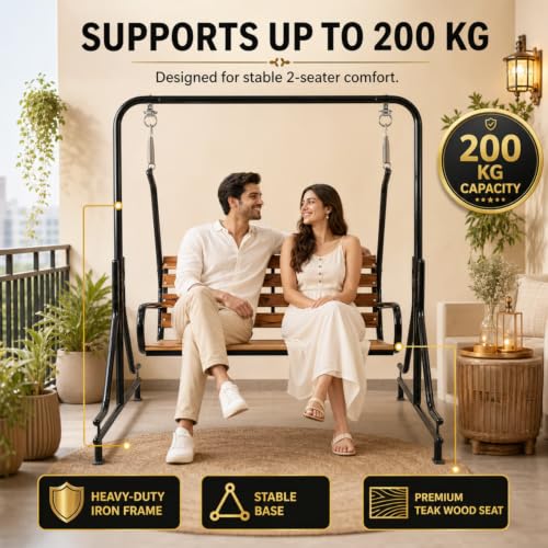 Image of Indoor Teak Wood Swing - Balcony Room Jhula with Iron Pipe, 2 Seater, 117 cm