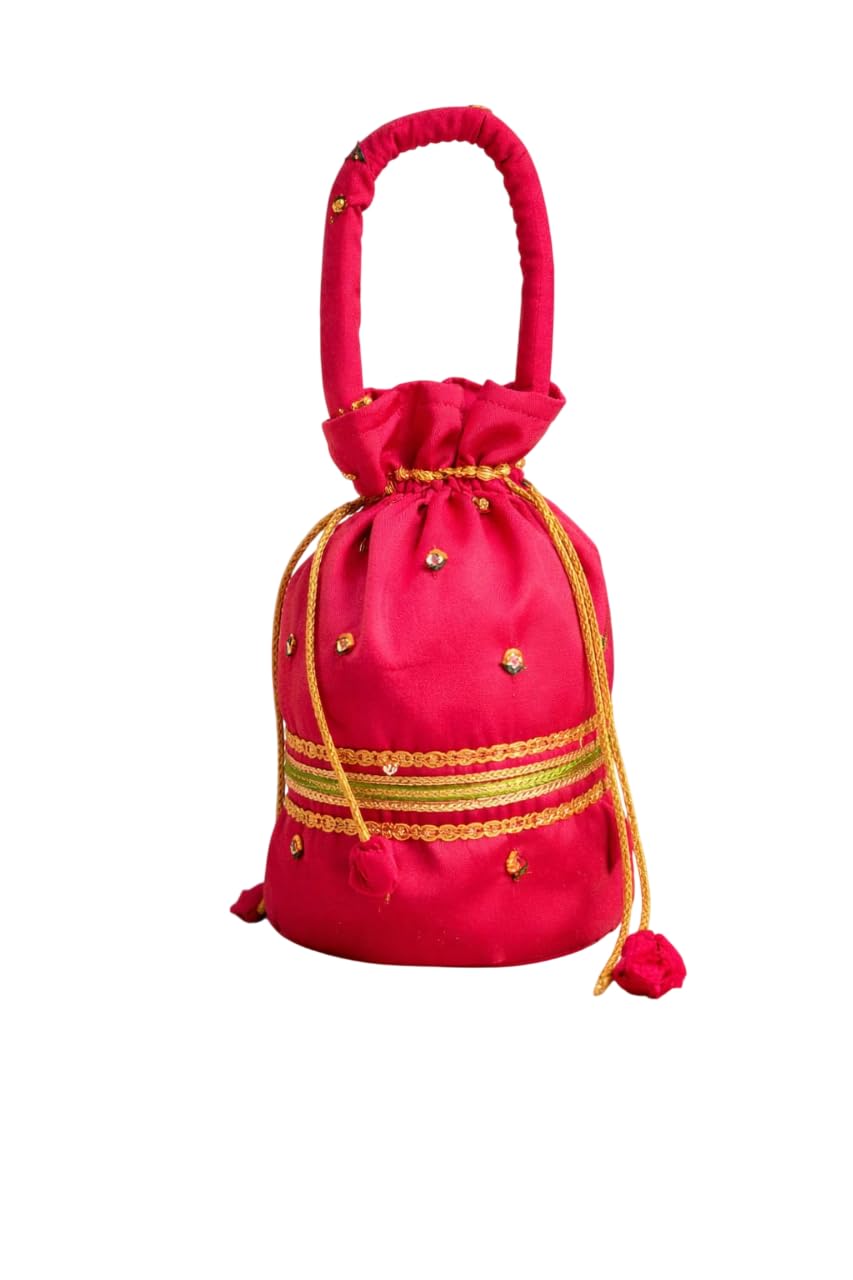 Veena Creations Embroidered Potli Bag for Women, Magenta | Mirror Work with Gold Lace | Drawstring Closure Ethnic Bridal Handbag for Wedding, Party & Festive-image-18