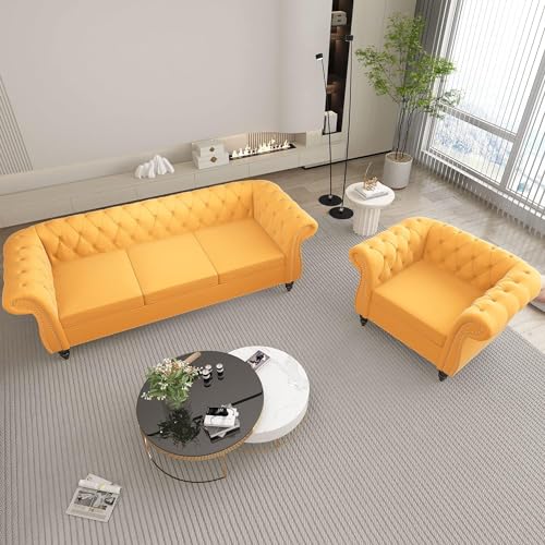 Image of A to Z Furniture Modern Classic Fabric & Valvet Tufted Chesterfield Sofa Living Room and Office (Yellow)
