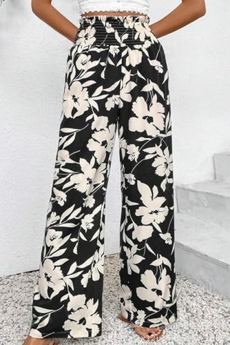 SELINK Casual Loose Pants for Women Boho Floral Print Smocked High Waist Straight Wide Leg Elastic Daily Trousers2