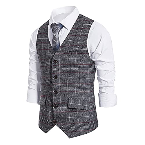 Gilet de costume pour homme à carreaux style britannique ajusté avec poches col V