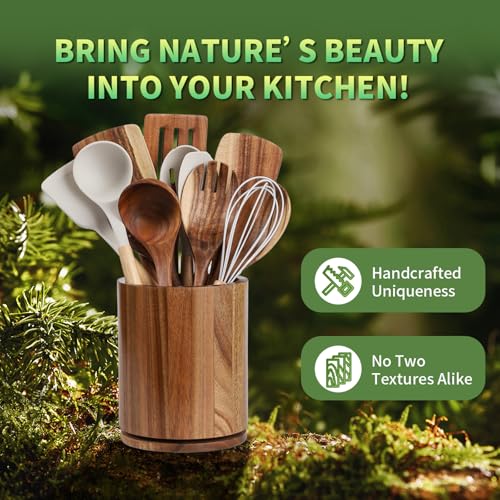 gorsent Wooden Utensil Holder, 360°Rotating 7.3'' Large Utensil Holder for Kitchen Counter, Kitchen Utensil Organizer, Utensil Crock, Farmhouse Kitchens Countertop Decor, Acacia Wood - Image 8