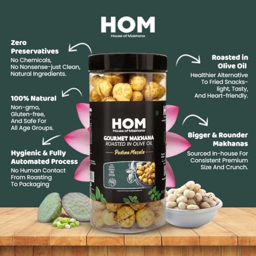 Image of H O M House Of Makhana 130g Pudina Masala Gourmet Makhana Jar Roasted in Olive Oil, Flavored Makhana Pack of 2 (65gX2)