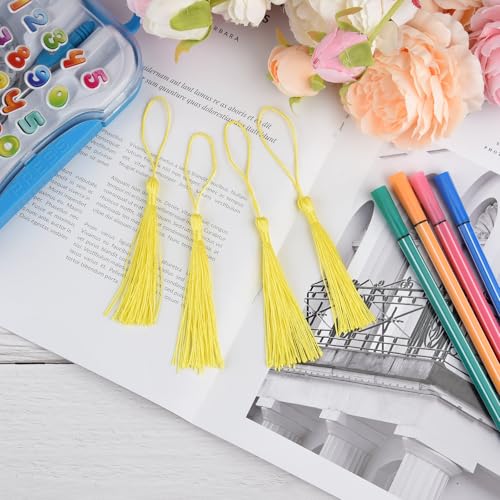 Image of 100 Pcs Bookmark Tassels Bulk Yellow Soft Craft Silky Handmade Mini Tassels for Jewelry Making with Loops for DIY Craft Accessory Dress Decoration