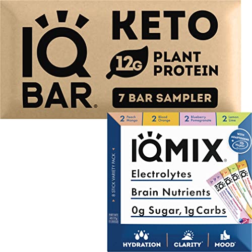 Iqbar Brain And Body Keto Protein Bars - 7 Count Sampler Low Carb, High Fiber, Vegan Bars And Iqmix Sugar Free Electrolyte Powder Packets - 8 Count Sampler Pack Keto Electrolytes With Lions Mane #TOP10