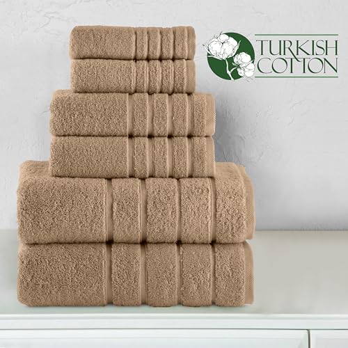 Image of Elegant Comfort 4 Lines Viscose Stripe 6-Piece Premium Towel Set 100% Turkish Cotton High Absorbent Luxury Bathroom Towels Includes 2 Washcloths, 2 Hand Towels & 2 Bath Towel Set, Taupe (Pack of 4)