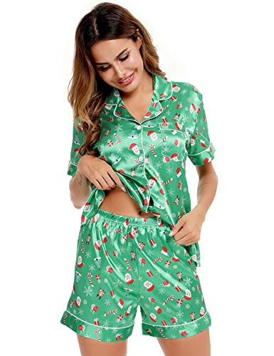 Image of SWOMOG Womens Silk Satin Pajamas Set Short Sleeve Sleepwear Button Down Top and Shorts Loungewear 2 Piece Pjs Set XS-3XL