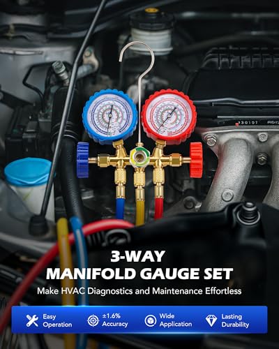 Image of Orion Motor Tech AC Gauge Set, 3-Way AC Manifold Gauge Set for R134a R410A R404A R22 Refrigerant with 5ft Hoses, Automotive A /C Gauge with R134a Couplers Self-Sealing Can Tap R410A Adapter 29 Adapter