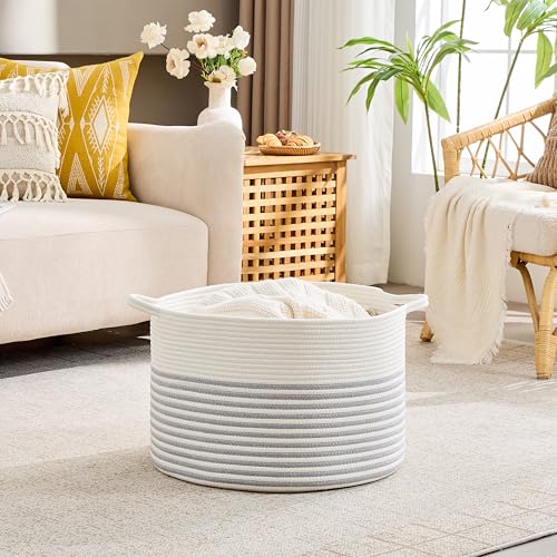 Image of KAKAMAY Cotton Rope Storage Basket (20 inchx13 inch),Woven Hamper for Blankets,Toys,Pillows,Clothes,Laundry,Sturdy Handles Decorative Basket for Living Room, Bedroom,Nursery(Grey /Beige)