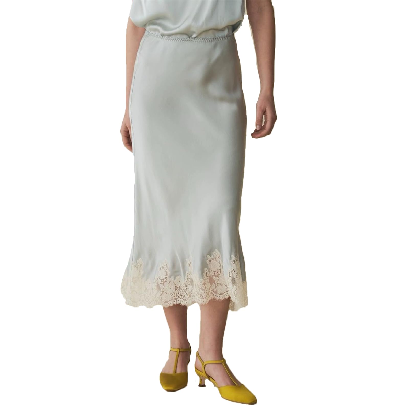 Women Y2k Satin Silk Lace Trim Midi Skirt Flowy A Line Half Slip Maxi Skirts Silky Swing Going