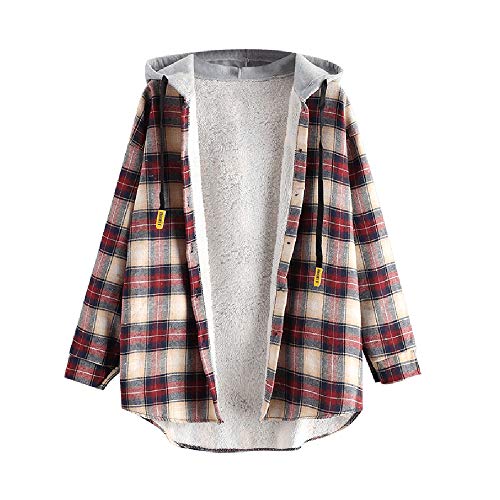 ZAFUL Women's Plaid Button Up Fleece Lined Oversized Hooded Jacket Coat (B-Multi, L)