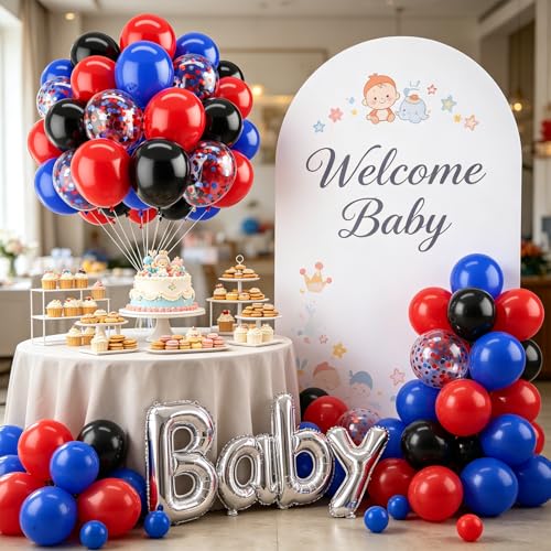 Image of Zesliwy Red Blue Black Balloons Set,50pcs 12inch Dark Royal Blue Black Red Latex Balloon with Confetti Balloon for Graduation Anniversary Man Birthday Party Decoration