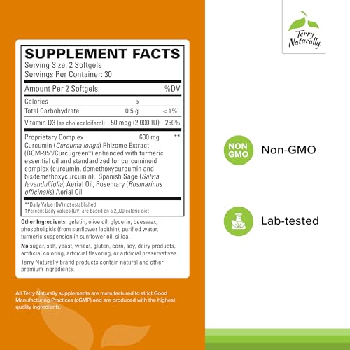 Terry Naturally Curamed Brain - 60 Softgels - BCM-95 Curcumin & Vitamin D3 Supplement, Supports Brain Health, Mental Clarity & Focus - Non-GMO, Gluten-Free - 30 Servings - Image 3