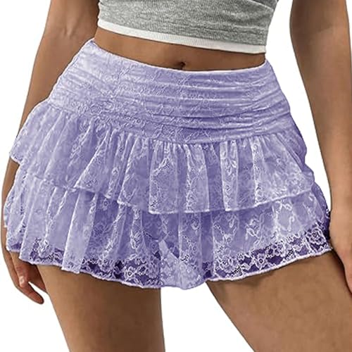 Y2K Lace Tiered Mini Skirt for Women Ruffled Pleated Lace Trim Half Slip Low Rise Flowy Short Skirts Halloween Underskirt