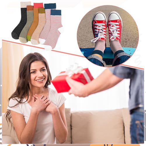 Image of Jspupifip 6 Pairs Womens Strip Crew Socks Cute College Style Ribbed Socks | Combed Cotton, Elastic Ribbed, Retro Stripe, for Work, Commuting, Shopping, Dating, Birthday, Sports, Home, Office