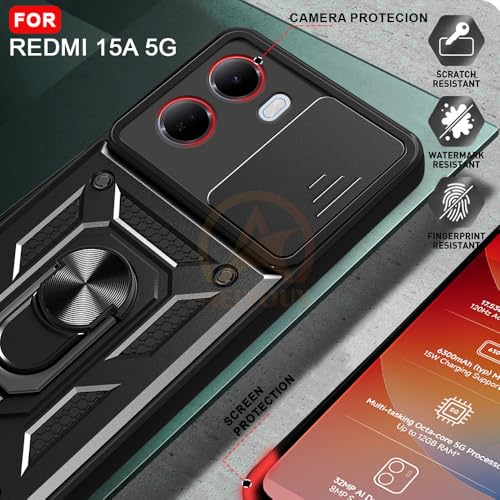 Image of Armor Bumper Back Cover Case for Redmi 15A 5G | Rotating Camera Cover, Ring Holder & Kickstand | Heavy Duty & 360 Degree Protection Redmi 15A 5G Back Cover (Black)