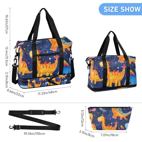 Cartoon Cute Colorful Dinosaurs Travel Tote Gym Bag Weekend Bag with Adjustable Strap for Airplane Traveling Foldable3