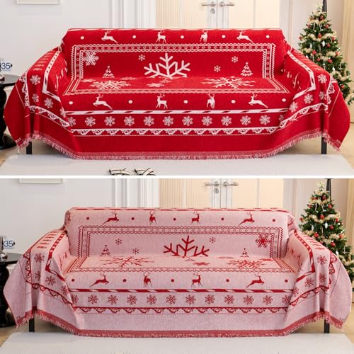 EVENHUG Christmas Theme Sofa Covers with Tassels Reversible Couch Cover for Pets Dogs Christmas Home Decoration Sofa Slipcover for 2-3 Cushion Couch Washable Chenille Couch Protector (71