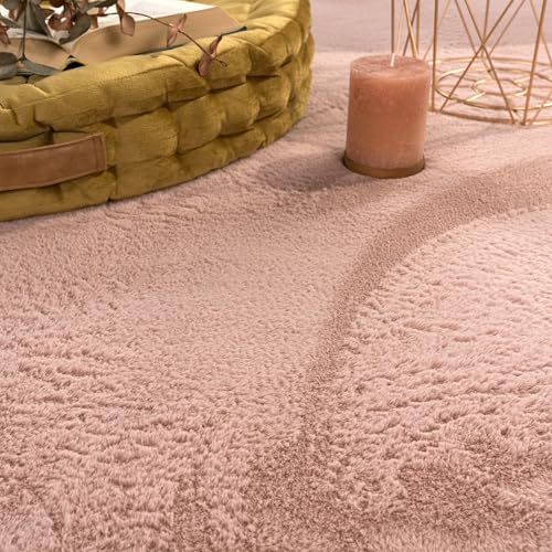 Paco Home Teppich Wohnzimmer Kunstfell weich waschbar modern elegant pflegeleicht Felloptik Uni Seidenglanz flauschig Hochflor, Grösse:Ø 100 cm Rund, Farbe:Pink