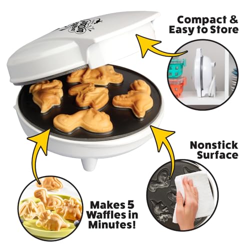 Dinosaur Mini Waffle Maker- 5 Different Double Sided 3D Shaped Dinos in Minutes- Kids Adults Breakfast Fun with Cool Novelty Pancakes, Electric Baker, NonStick Waffler Iron, Easter Basket Stuffer Gift