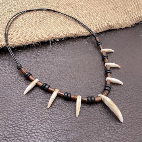 Wooden Bead Resin Tooth Adjustable Tribal Necklace for Men Women Caveman Black Coconut Wood Beads Necklace3