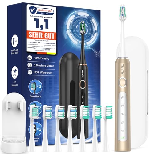 Spazzolino Elettrico Sonico per Viaggio - Spazzolino Denti Sonico Adulti e Bambini con 8 Testine e Custodia, 5 Modalità, Impermeabile IPX7, Spazzolino Elettrico da Ricaricabile, Oro Smerigliato