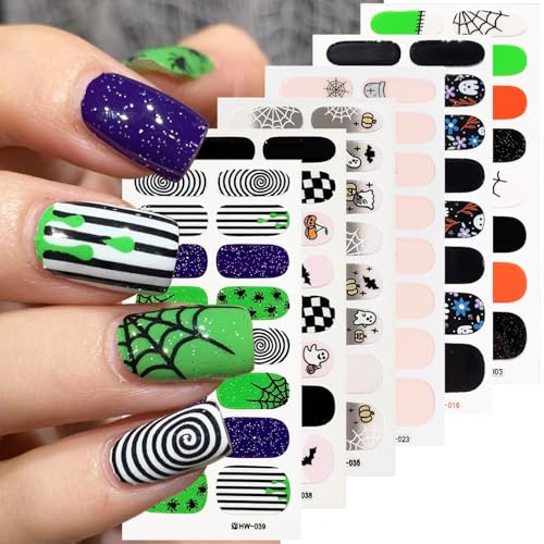 6 Sheets Horror Halloween Gel Nail Wraps Spider Web Flower Ghost Nail Polish Stickers Self-Adhesive Bat Pumpkin Spider Gel Nail Stickers Scary Halloween Holiday Nails Strips for Women