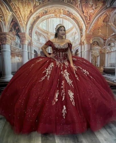 Mouccy Glitter Gold Floral Quinceanera Dresses with Bow Beaded Off Shoulder Sweet 16 Dress Ruched Tulle Evening Ball Gowns4