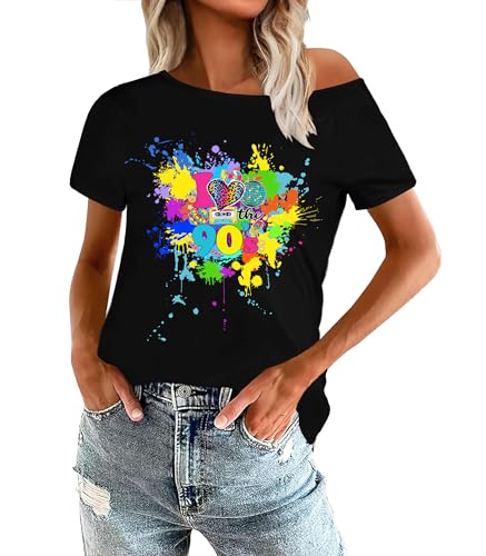 OCURHU 90s Shirts Women I Love The 90's Shirts Funny Off Shoulder Tops Paint Splatter Graphic Tee Black L
