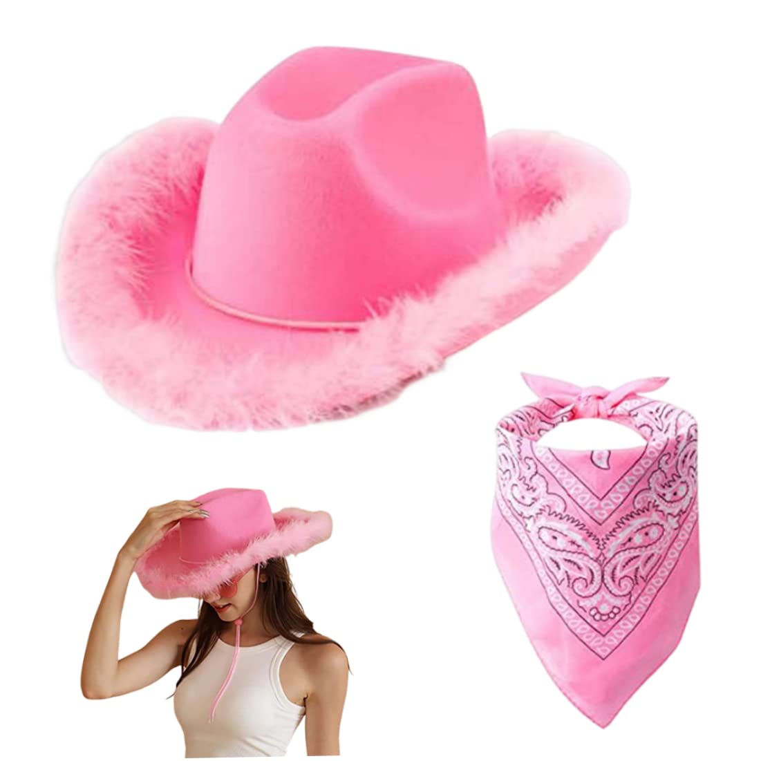Sombrero de vaquero rosa, sombrero de vaquero rosa sombreros de vaquero con accesorio de disfraces de bufanda para el accesorio de la soltera de Halloween, disfraces de la fiesta de la fiesta, 2pcs,