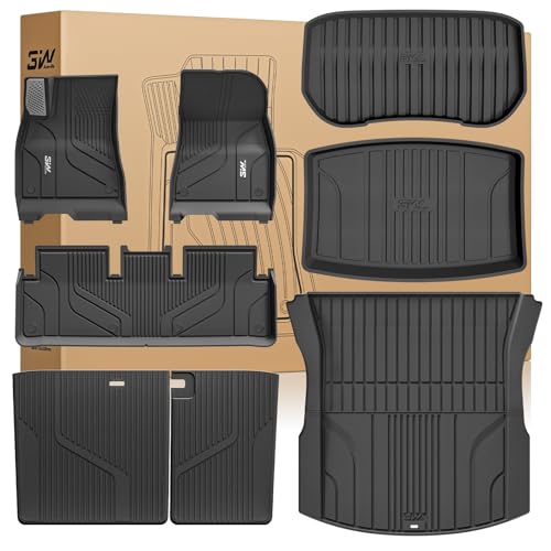 3W Tesla Model 3 Floor Mats 2026 2025 2024 with Mental Pedal, Full Set with Seatback Protector, Highland All Weather Custom Fit Rear Trunk Mat Accessories Black