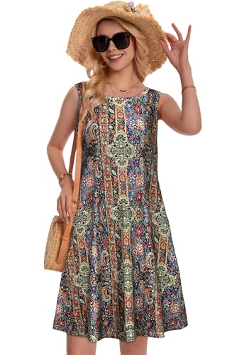 Image of Summer Dresses for Women Beach Boho Sleeveless Vintage Floral Flowy Pocket Tshirt Tank Sundresses 2026