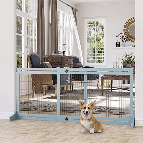 PawHut Hunde Absperrgitter aus Holz, Ausziehbares Türschutzgitter mit Fußstütze, Freistehendes Hundegitter, Treppenschutzgitter, Hundeabsperrgitter für Kamin, Ofen, Graublau, 104-180 x 36 x 69 cm