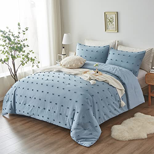 Flymme Blue Tufted Dots Pom Pom Bedding For Girls, Solid Boho Comforter Queen Size Set, Soft And Lightweight Comforter With 2 Pillowcases, Shabby Chic Bedding Comforter Set For All Season #TOP1