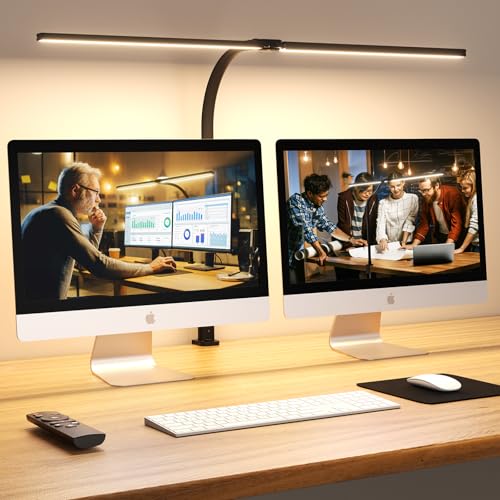 APMIEK Lámpara LED de escritorio de doble cabeza, 24 W, 76 cm, lámpara de escritorio con abrazadera para oficina en casa, 3200 K - 6500 K, cuello de cisne, lámpara de mesa de oficina, protección