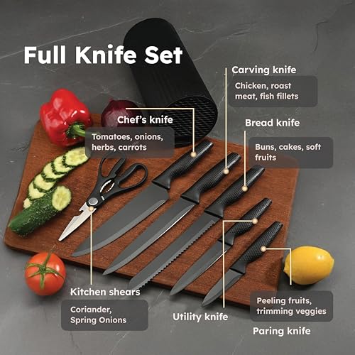 Image of Homero 7 Piece Kitchen Knife Set - 5 Knives Set, 1 Scissor & 1 Knife Holder, Premium Stainless Steel, Non-Stick Knife Set for Kitchen with Stand for Cooking, Cutting, Slicing use