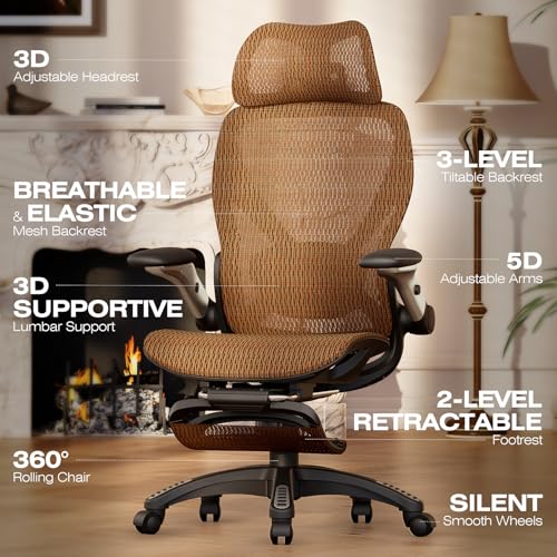ELABEST X100 Ergonomic Office Chair with Footrest, Big and Tall Home Desk Chair with 5D Flip-Up Arms, Adjustable 3D Lumbar Support,High Back Rolling Computer Chair, Swivel Mesh Chairs