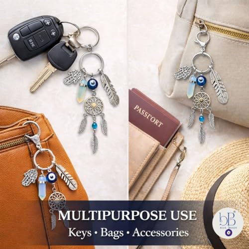 Image of BLUE BEADS Dreamcatcher Keychain with Nazar Charm - Lucky Protection Accessory for Car, Bag & Keys