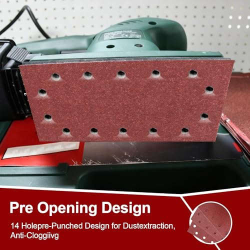 Euablfo 50 Stück Schleifpapier Set, 14 Löcher 230x115 mm Klett-Schleifblätter, 40/60/80/120/240 Körnung Rechteckiges Schleifpad für Schwingschleifer