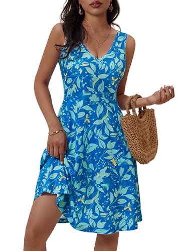 Image of HUHOT Womens Sleeveless V Neck Dress with Pocket Summer Beach Midi Flared Tank Dress