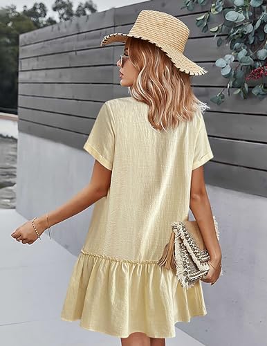 Image of HOTOUCH Women Button Down Dress Loose Summer Cotton Linen Dress Ruffle Hem Casual Dress Short Sleeve Tunic Dress