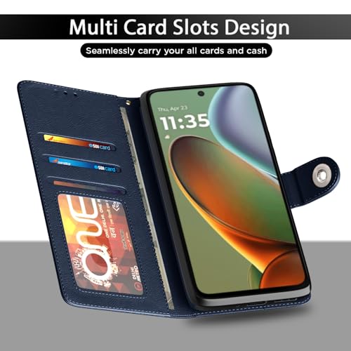 Image of Pikkme Flip Cover Leather Finish | Inside TPU with Card Pockets | Wallet Stand and Shock Proof | Complete Protection Button Flip Case for Moto G15(Blue)