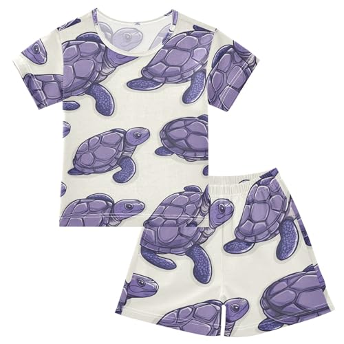 Pajama Short Sets Purple Sea Turtles Pattern Soft Cotton Summer Sleepwear 2 Piece PJS Size 5-14T